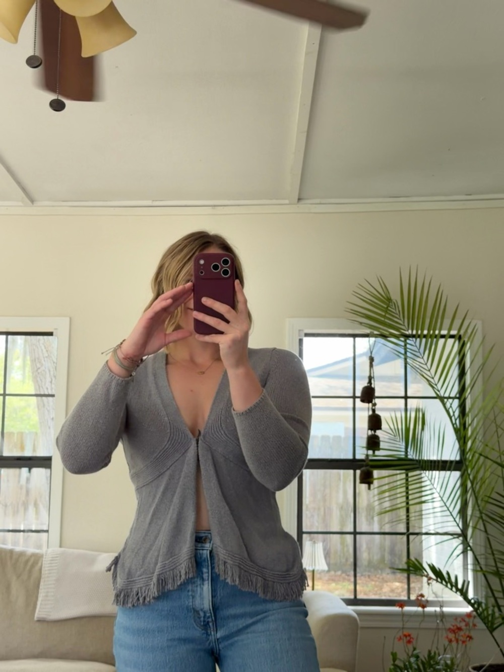 Sparrow Anthropology Gray Fringe Hem Knit Women's Sweater Cardigan